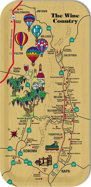tray based on map of the Napa Valley wine country